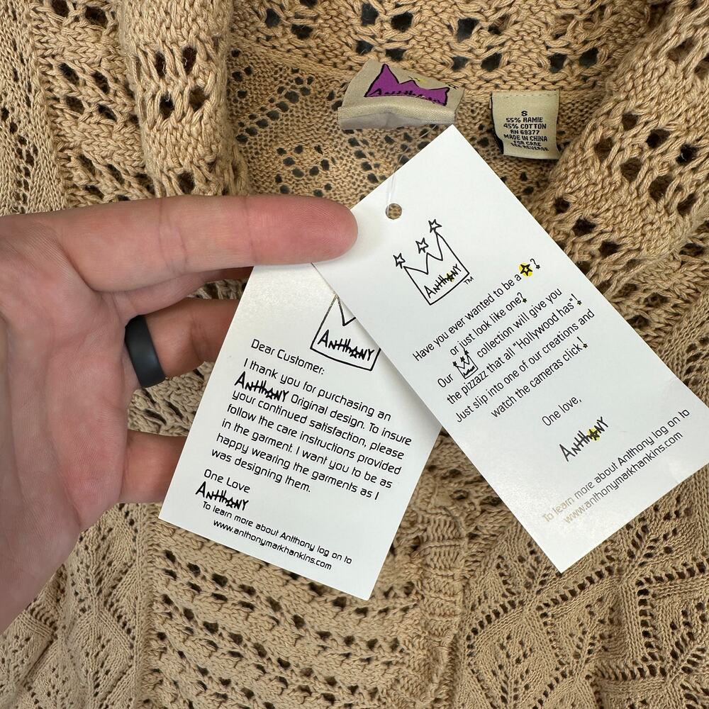 Vintage Antthony Original Sweater Womens Small Tan Crochet One-Button Cardigan - Picture 11 of 16